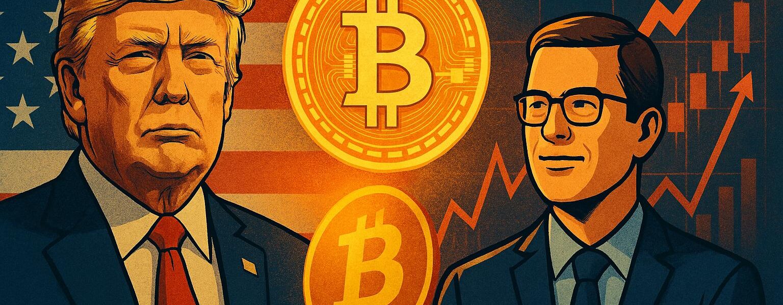 A digital illustration showing Donald Trump on the left and a businessman on the right, with a glowing Bitcoin coin in the center, set against a backdrop of the American flag and rising financial charts, reflecting the bullish outlook for cryptocurrency amid political shifts.