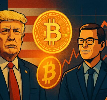 A digital illustration showing Donald Trump on the left and a businessman on the right, with a glowing Bitcoin coin in the center, set against a backdrop of the American flag and rising financial charts, reflecting the bullish outlook for cryptocurrency amid political shifts.