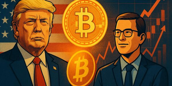 A digital illustration showing Donald Trump on the left and a businessman on the right, with a glowing Bitcoin coin in the center, set against a backdrop of the American flag and rising financial charts, reflecting the bullish outlook for cryptocurrency amid political shifts.
