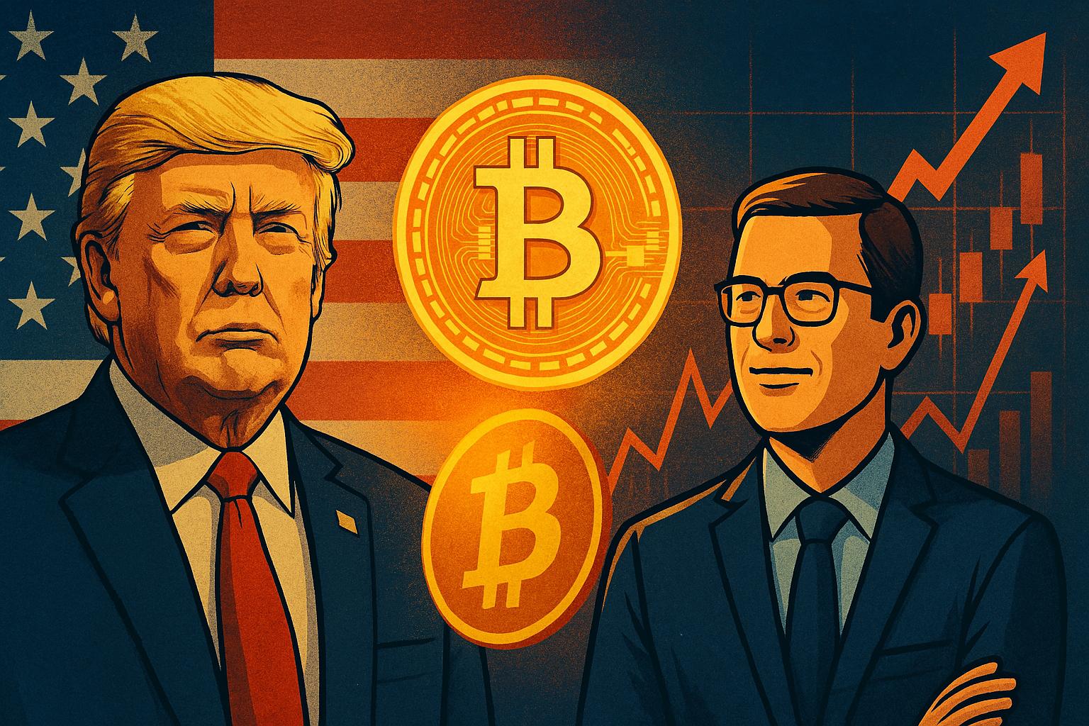 A digital illustration showing Donald Trump on the left and a businessman on the right, with a glowing Bitcoin coin in the center, set against a backdrop of the American flag and rising financial charts, reflecting the bullish outlook for cryptocurrency amid political shifts.