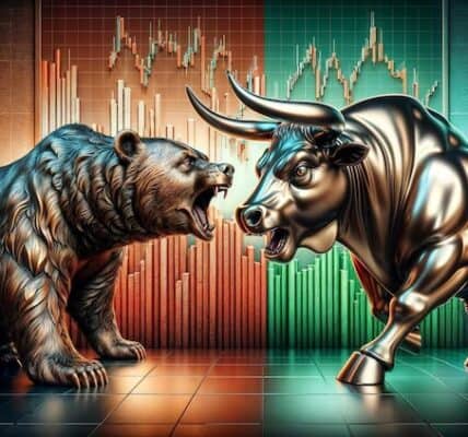 Wall Street sign with stock market tickers flashing green, overlaid by U.S. and China flags, symbolizing positive momentum from improving trade outlook.