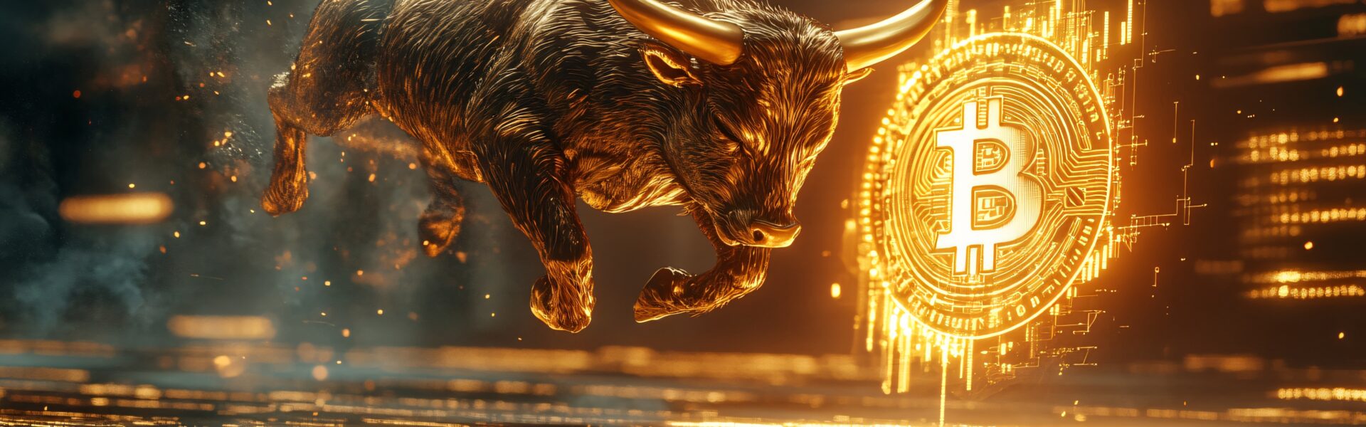 A digital Bitcoin glowing in front of futuristic financial graphs and cityscape, symbolizing the $BTCBULL presale success amid Bitcoin's price resistance.