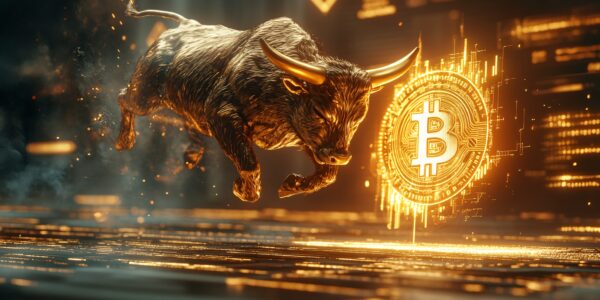 A digital Bitcoin glowing in front of futuristic financial graphs and cityscape, symbolizing the $BTCBULL presale success amid Bitcoin's price resistance.