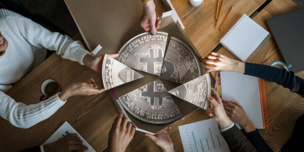 Business team dividing a Bitcoin-themed pizza, symbolizing shared investment and focus on key cryptocurrencies during market turbulence.