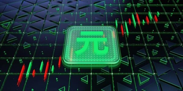 Pi Network token rising from a recent low on a crypto chart, with upward arrows and volume spikes indicating a possible return of bullish momentum.