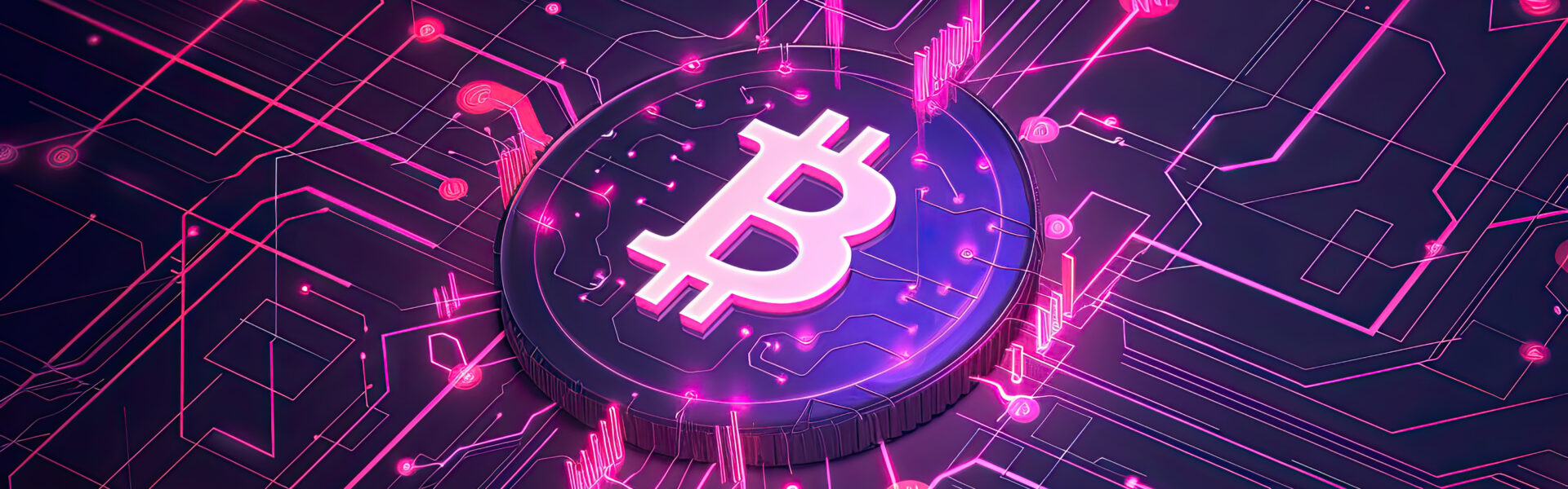 Cyberpunk-style Bitcoin illustration glowing in a futuristic digital grid, symbolizing cryptocurrency innovation.