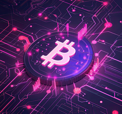 Cyberpunk-style Bitcoin illustration glowing in a futuristic digital grid, symbolizing cryptocurrency innovation.