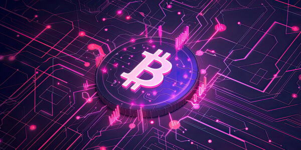 Cyberpunk-style Bitcoin illustration glowing in a futuristic digital grid, symbolizing cryptocurrency innovation.