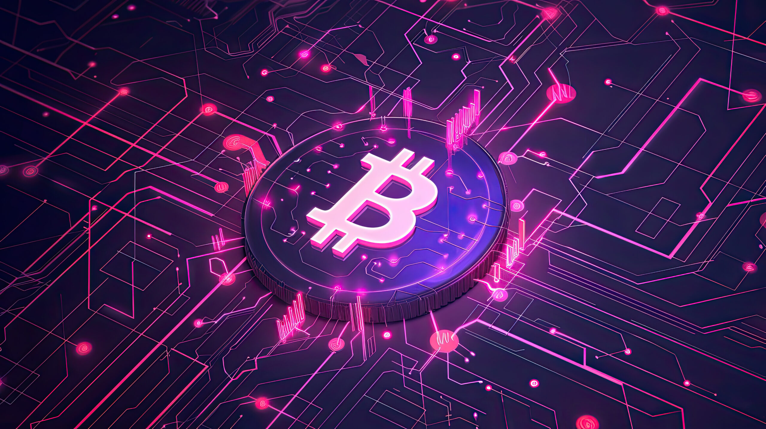 Cyberpunk-style Bitcoin illustration glowing in a futuristic digital grid, symbolizing cryptocurrency innovation.