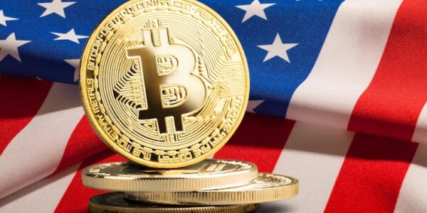 Howard Lutnick with a Bitcoin symbol shining like a crown above U.S. economic charts, representing Bitcoin’s role in Trump’s emerging financial strategy.