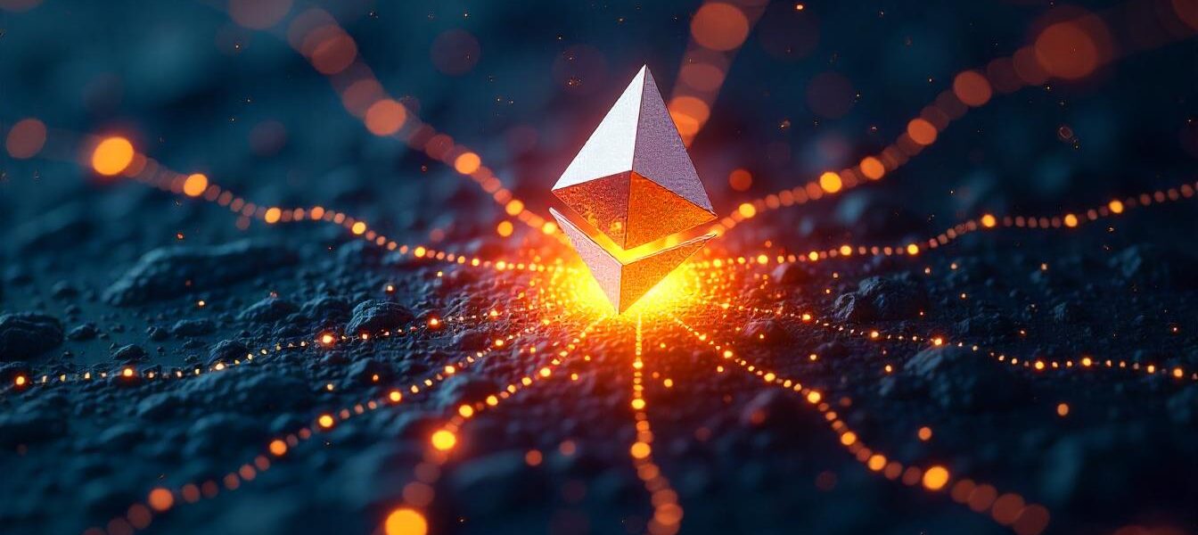 Abstract network visualization with glowing nodes, symbolizing Ethereum’s growth through SEC-approved ETF options and expanding institutional access.