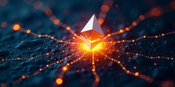 Abstract network visualization with glowing nodes, symbolizing Ethereum’s growth through SEC-approved ETF options and expanding institutional access.