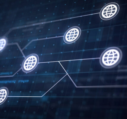 A digital representation of a global network grid with interconnected nodes and internet icons over a glowing circuit board, symbolizing the infrastructure behind decentralized physical networks (DePIN).