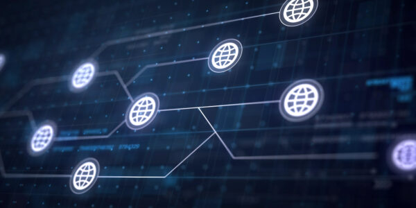 A digital representation of a global network grid with interconnected nodes and internet icons over a glowing circuit board, symbolizing the infrastructure behind decentralized physical networks (DePIN).