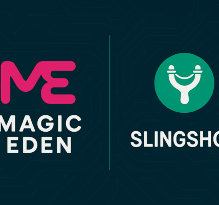 Logos of Magic Eden and Slingshot displayed on a dark teal circuit-themed background, symbolizing the merger and Magic Eden’s shift toward a full crypto trading hub.