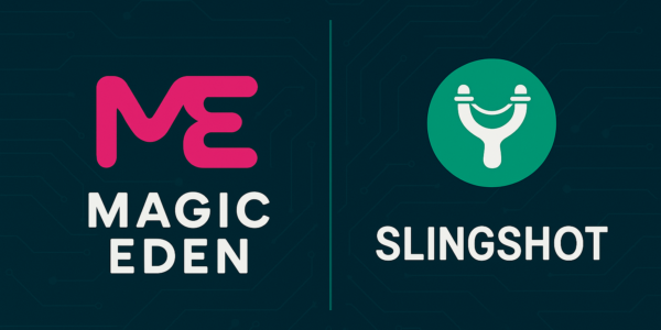 Logos of Magic Eden and Slingshot displayed on a dark teal circuit-themed background, symbolizing the merger and Magic Eden’s shift toward a full crypto trading hub.