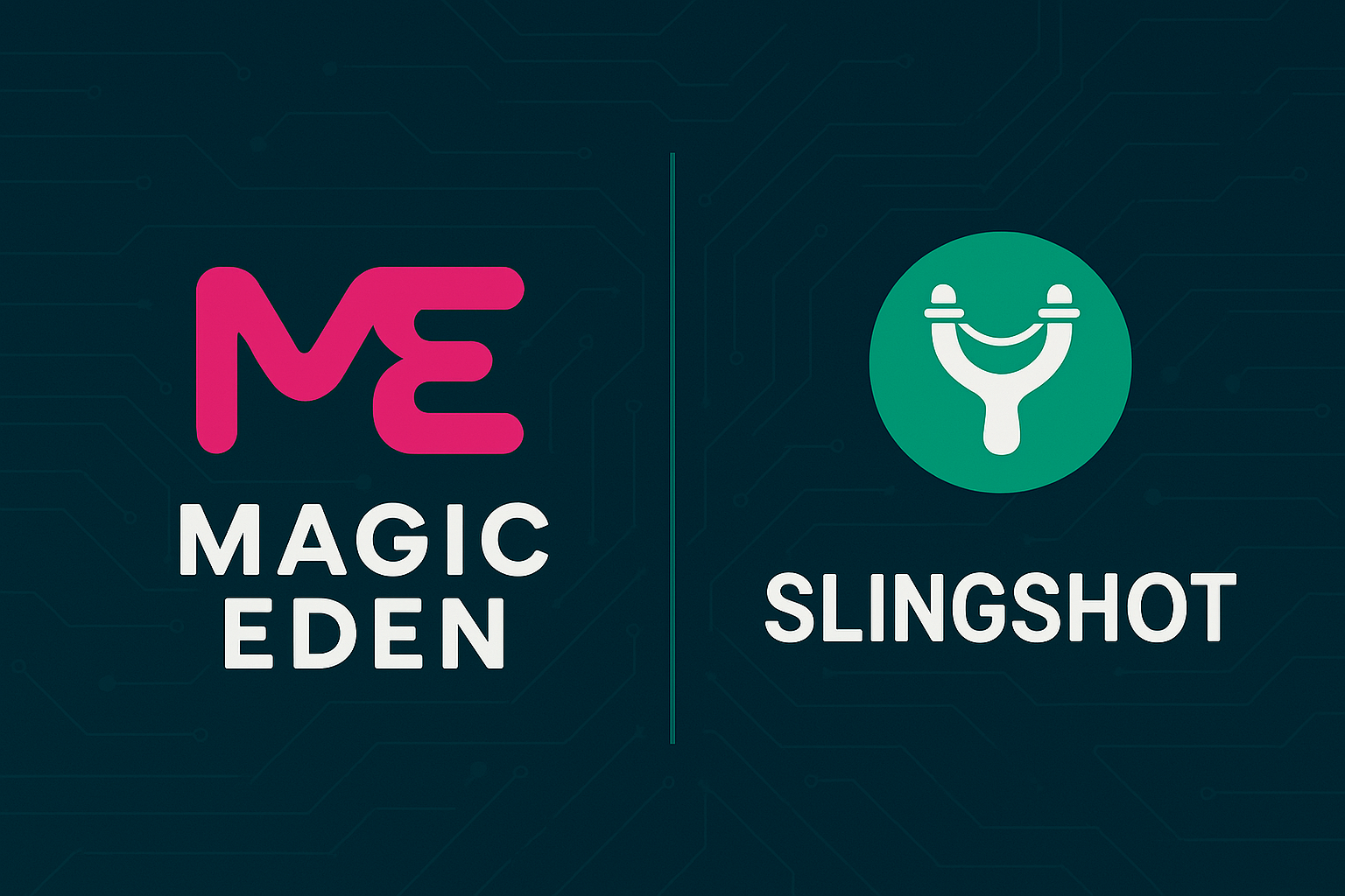 Logos of Magic Eden and Slingshot displayed on a dark teal circuit-themed background, symbolizing the merger and Magic Eden’s shift toward a full crypto trading hub.