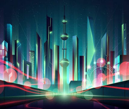 IOTA symbol with futuristic network visuals, staking tokens, and smart contract icons, signaling the launch of its rebased protocol on May 5.