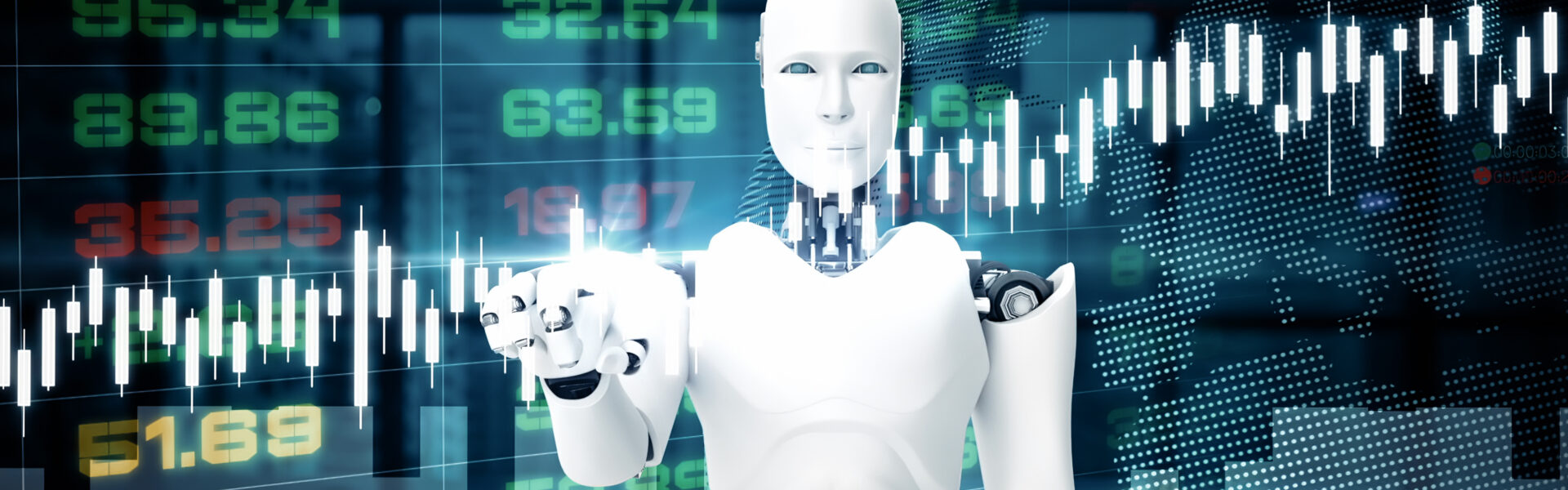 Futuristic humanoid robot with digital stock exchange data in the background, symbolizing AI-driven crypto trading evolution.
