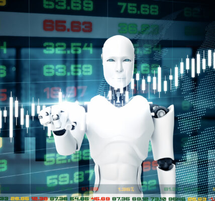 Futuristic humanoid robot with digital stock exchange data in the background, symbolizing AI-driven crypto trading evolution.