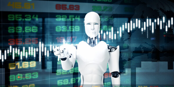 Futuristic humanoid robot with digital stock exchange data in the background, symbolizing AI-driven crypto trading evolution.