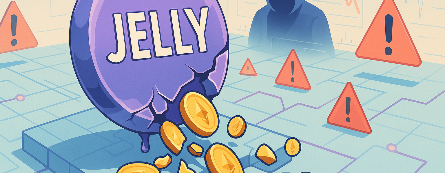 Illustration of a JELLY token exploit in the DeFi sector with bright Ethereum coins, a cracked digital token, and a cyber figure in a light-themed high-tech environment.