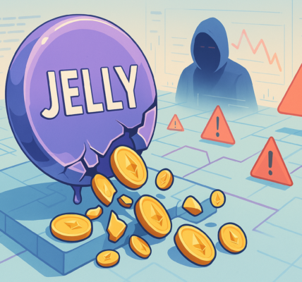 Illustration of a JELLY token exploit in the DeFi sector with bright Ethereum coins, a cracked digital token, and a cyber figure in a light-themed high-tech environment.