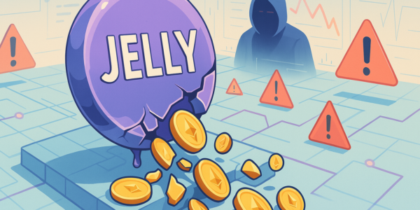 Illustration of a JELLY token exploit in the DeFi sector with bright Ethereum coins, a cracked digital token, and a cyber figure in a light-themed high-tech environment.