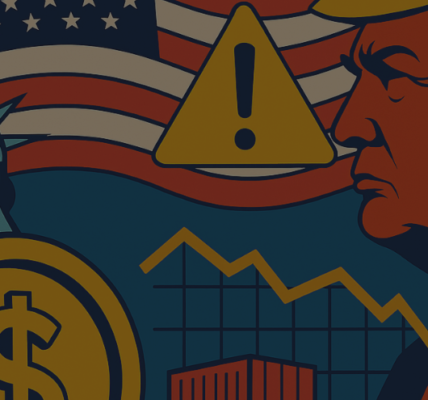 Illustration symbolizing potential U.S. recession in 2025 with a large dollar coin, Donald Trump’s profile, the Statue of Liberty, American flag, and warning icons in a modern flat design.