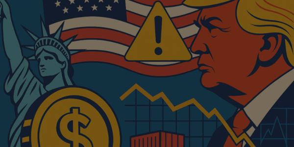 Illustration symbolizing potential U.S. recession in 2025 with a large dollar coin, Donald Trump’s profile, the Statue of Liberty, American flag, and warning icons in a modern flat design.