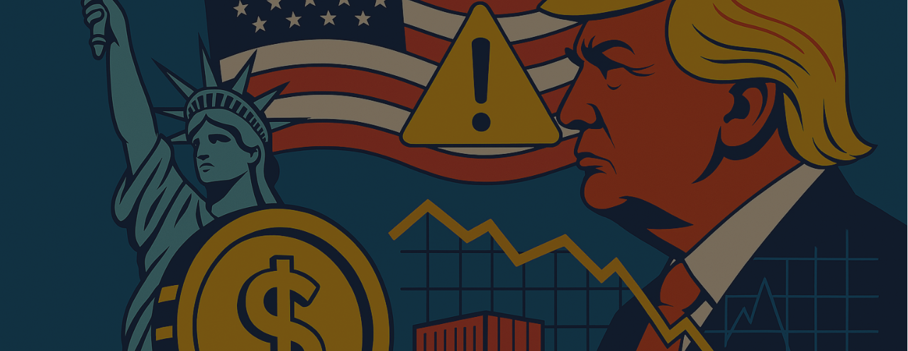 Illustration symbolizing potential U.S. recession in 2025 with a large dollar coin, Donald Trump’s profile, the Statue of Liberty, American flag, and warning icons in a modern flat design.