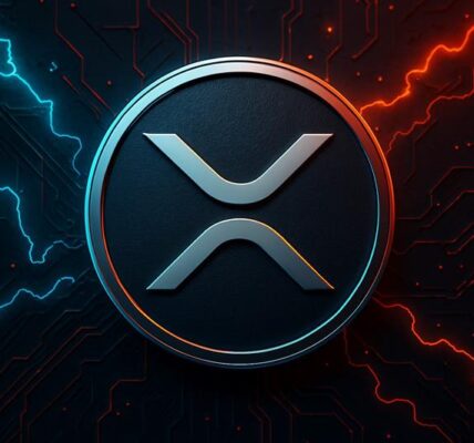 Glowing XRP logo surrounded by electric red and blue currents, symbolizing price volatility and reversal