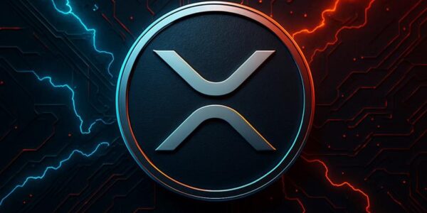 Glowing XRP logo surrounded by electric red and blue currents, symbolizing price volatility and reversal