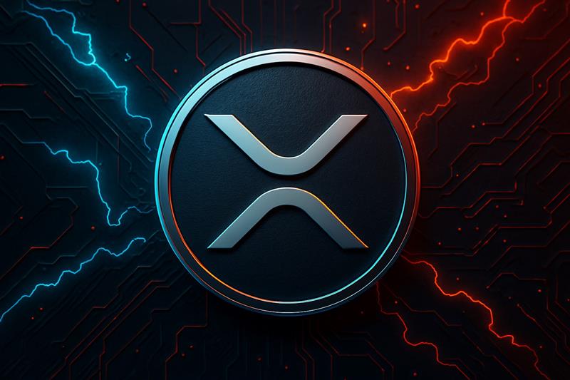 Glowing XRP logo surrounded by electric red and blue currents, symbolizing price volatility and reversal