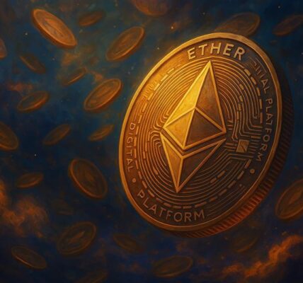 Golden Ethereum coin rotating above a cloudy blockchain backdrop, representing uncertainty in Ethereum’s future role