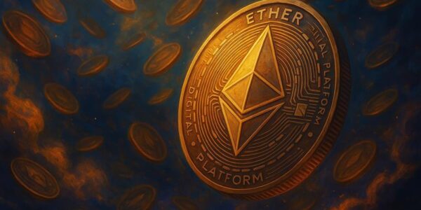 Golden Ethereum coin rotating above a cloudy blockchain backdrop, representing uncertainty in Ethereum’s future role