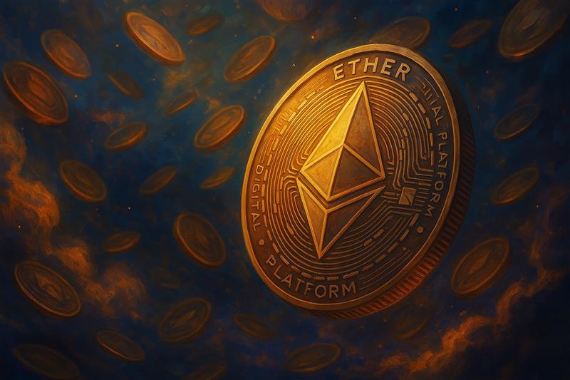 Golden Ethereum coin rotating above a cloudy blockchain backdrop, representing uncertainty in Ethereum’s future role
