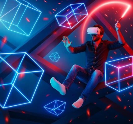 Floating game assets and blockchain icons in a neon digital grid, symbolizing the rise of activity in Web3 gaming despite funding challenges.