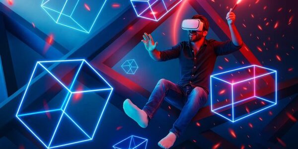 Floating game assets and blockchain icons in a neon digital grid, symbolizing the rise of activity in Web3 gaming despite funding challenges.