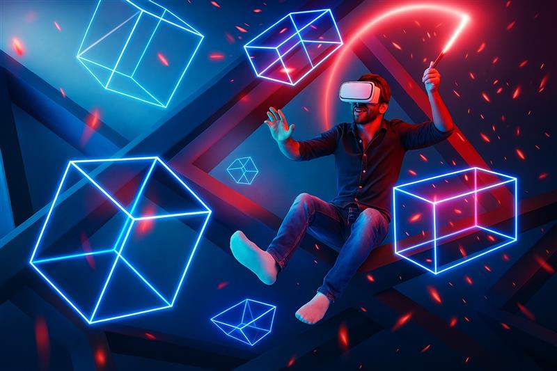 Floating game assets and blockchain icons in a neon digital grid, symbolizing the rise of activity in Web3 gaming despite funding challenges.