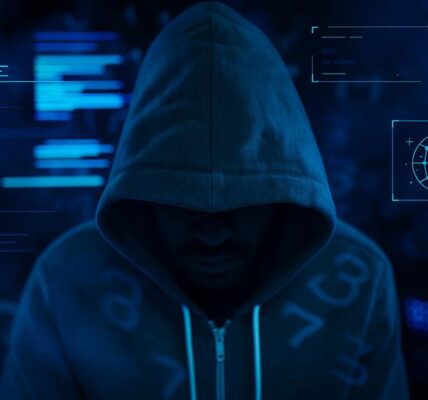 Hacker-style figure in a dark digital environment, representing regulatory actions against crypto fraud and enforcement of business standards.