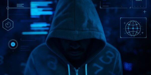 Hacker-style figure in a dark digital environment, representing regulatory actions against crypto fraud and enforcement of business standards.