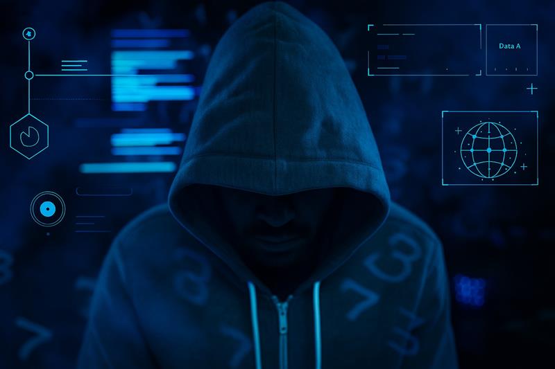 Hacker-style figure in a dark digital environment, representing regulatory actions against crypto fraud and enforcement of business standards.