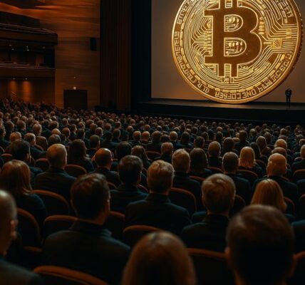 Audience watching a keynote speaker with a large glowing Bitcoin logo projected on stage, symbolizing a major crypto event or return