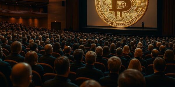 Audience watching a keynote speaker with a large glowing Bitcoin logo projected on stage, symbolizing a major crypto event or return