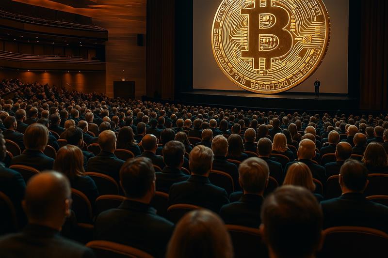 Audience watching a keynote speaker with a large glowing Bitcoin logo projected on stage, symbolizing a major crypto event or return