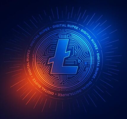 Digital Litecoin symbol glowing in a futuristic blue circuit background, representing its enduring legacy and potential breakout.