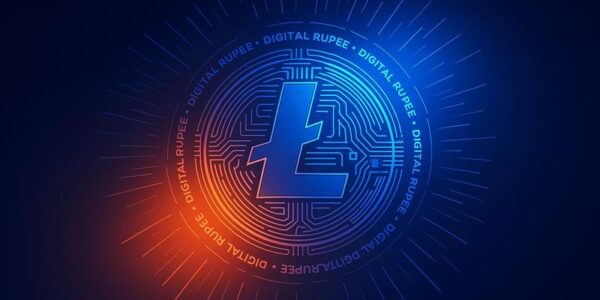 Digital Litecoin symbol glowing in a futuristic blue circuit background, representing its enduring legacy and potential breakout.