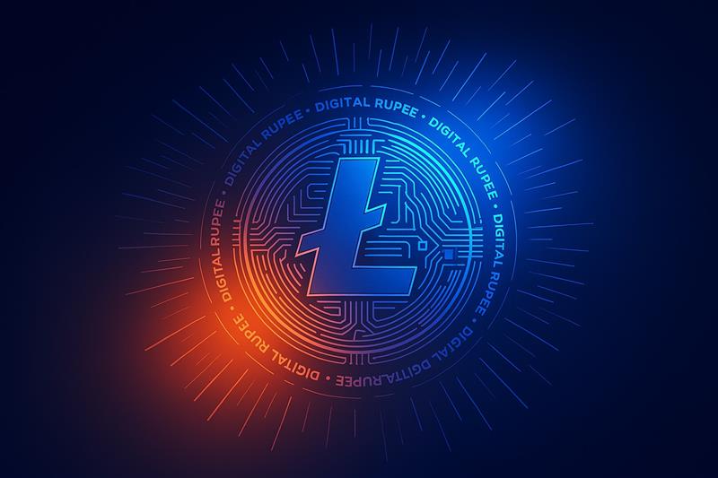 Digital Litecoin symbol glowing in a futuristic blue circuit background, representing its enduring legacy and potential breakout.