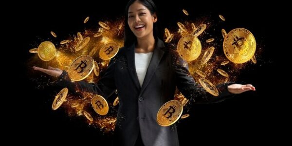 Bitcoin, gold bars, and fading U.S. dollar bills alongside Asia’s billionaires, representing a strategic shift toward asset diversification amid currency concerns.